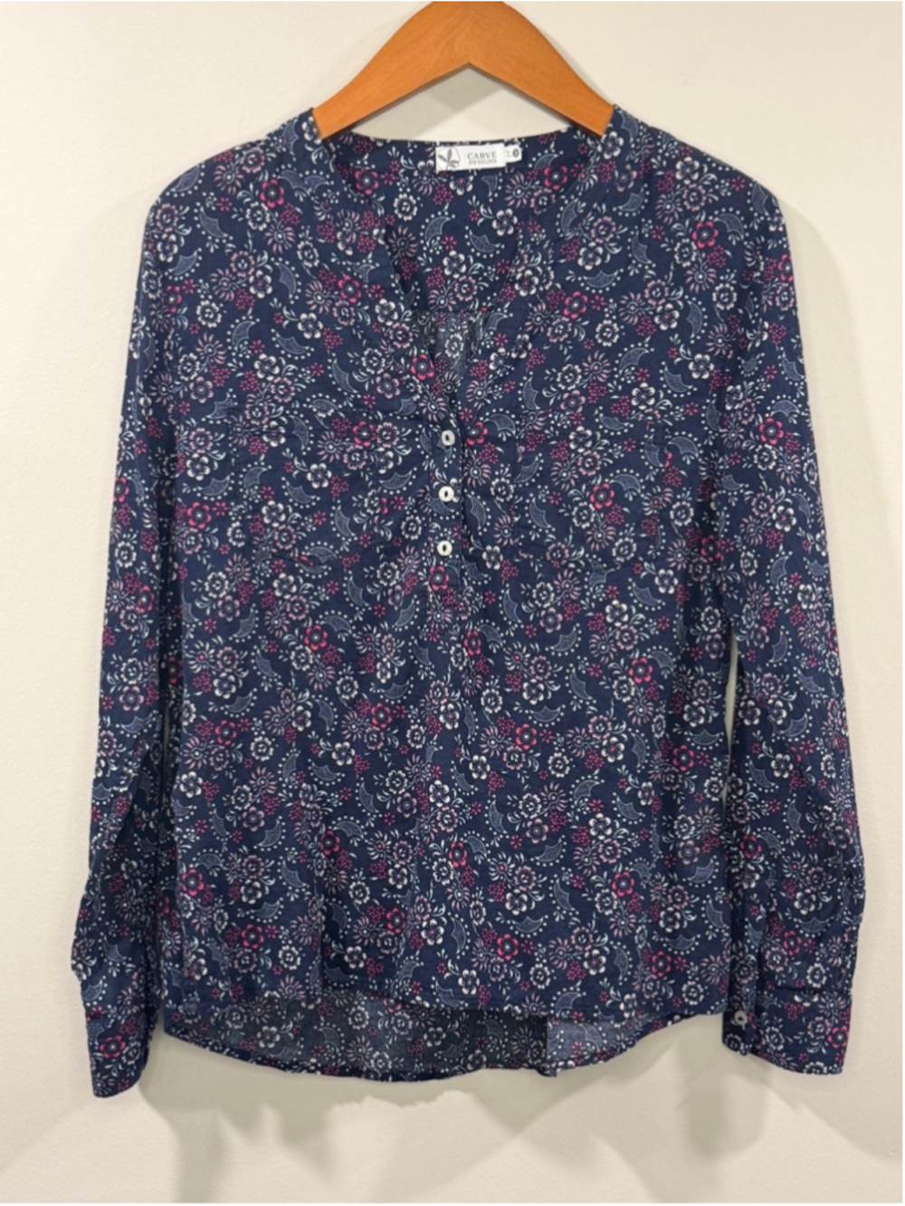 Carve Designs Womens Navy Floral Half Button-Front Long Sleeve Shirt Size S